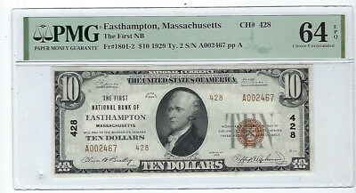 1929 $10 National Currency Charter #428 Easthampton PMG Gem Unc 64 EPQ Type 2