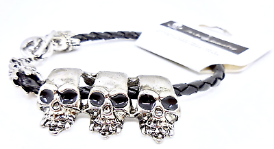 Halloween Skull Bracelet Silver Metal Skulls Toggle Closure Twisted Cord