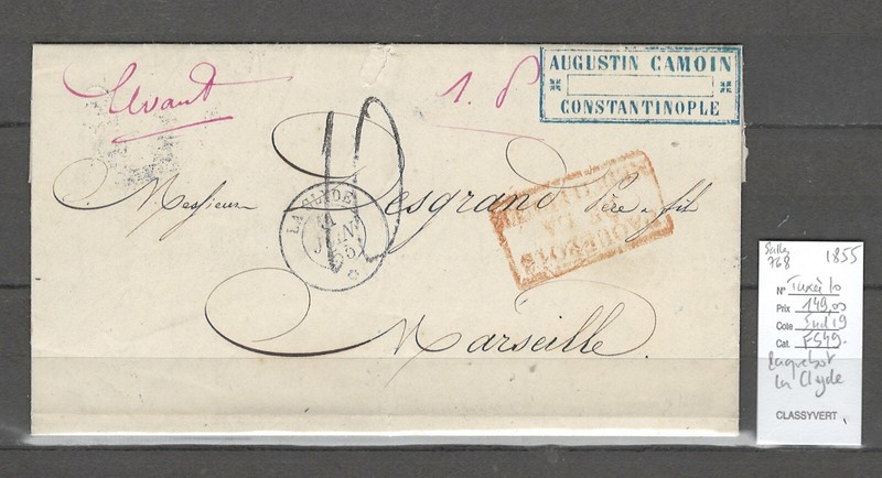 France -Lettre Du Paquebot De La MÃ©DiterranÃ©E  La Clyde - 1858 - Constantinople