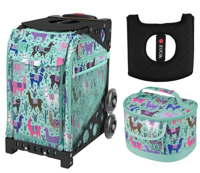 Zuca Sport Bag - Llama Rama w/Lunchbox and Zuca Seat Cover (Black Non- Flashing 