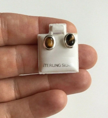 925 SILVER TIGER EYE GEMSTONE 8mm EARRINGS / ARETES OJO DE TIGRE EN PLATA 925