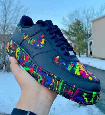 Air Force 1 Custom Black Shoes Multi Color Neon Splatter Splash Mens Size 8.5