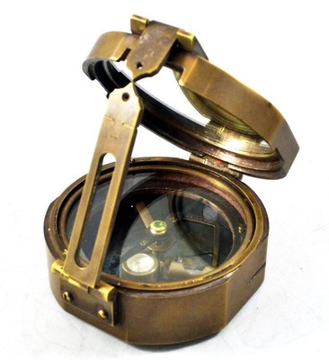 Compass - Antique Working Heavy Survey Brass Brunton Compass With Wooden Case