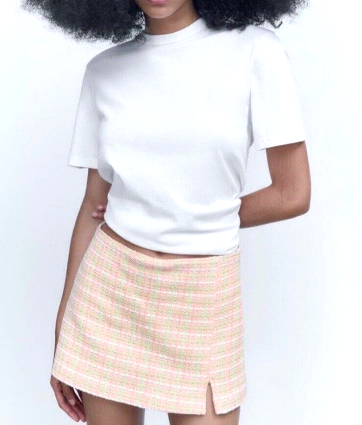 ZARA Women Mini Skirt Short Pants High Waist Tweed Pink