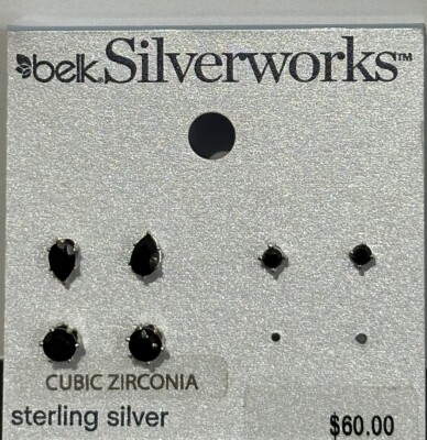 BELK Silverworks Sterling Silver Stud Earrings Set of 3 NWT Black Cubic Zirconia