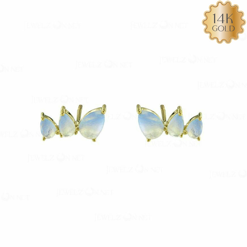 14K Gold Natural Moonstone Three Pear Shape Stud  Earrings-For Valentine's Day