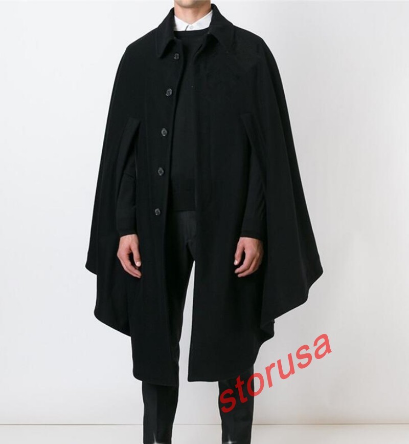 L'Or ロル Irregular hem Cape Coat Mens Long Hooded Black Trench Casual Cape Cloak Irregular