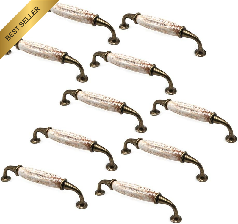 Set of 10 Vintage Ceramic Cabinet Door Handles, Furniture Drawer Handles, Zinc A