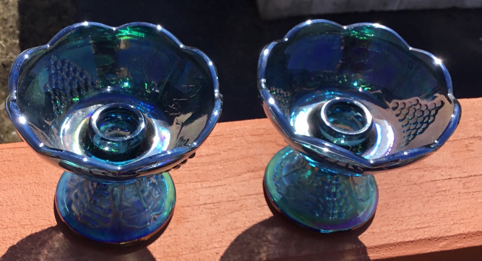 PAIR VINTAGE INDIANA BLUE CARNIVAL GLASS CANDLE HOLDERS HARVEST GRAPE