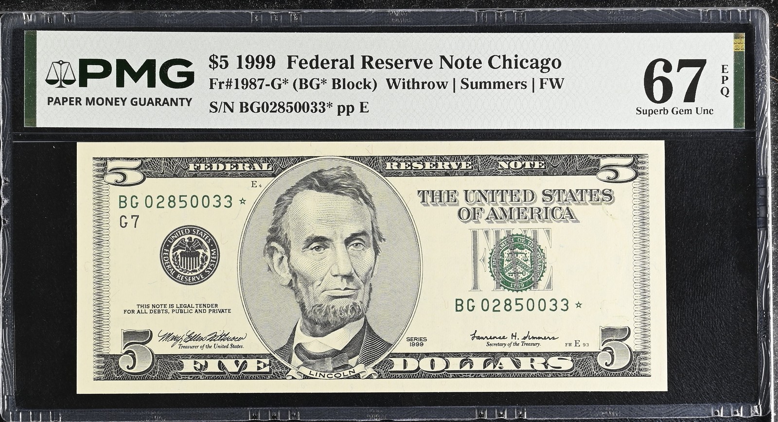 United States 5 Dollars Usa 1999 P 505* G Chicago Rep* Superb Gem UNC PMG 67 EPQ