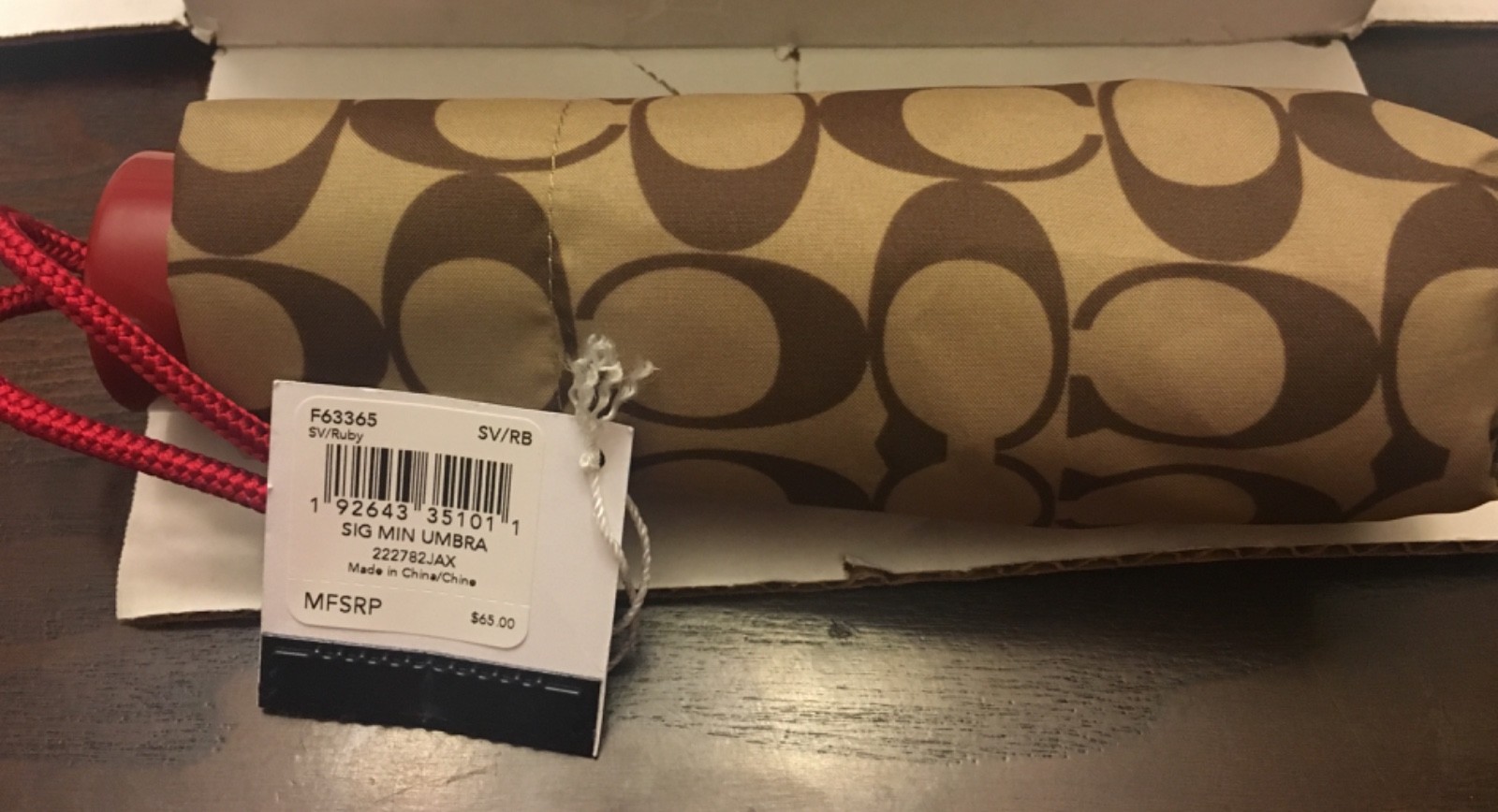 NWT COACH SIGNATURE UMBRELLA MINI KHAKI/RED F63365 NWT $65