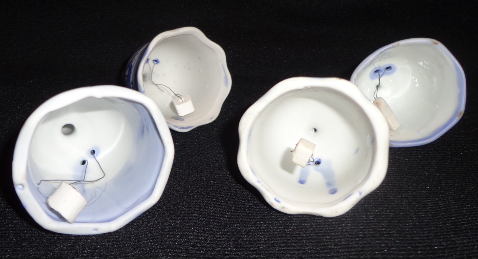 CURRIER & IVES BLUE BELL SET OF 4 WITH CLAPPERS.  VINTAGE PORCELAIN