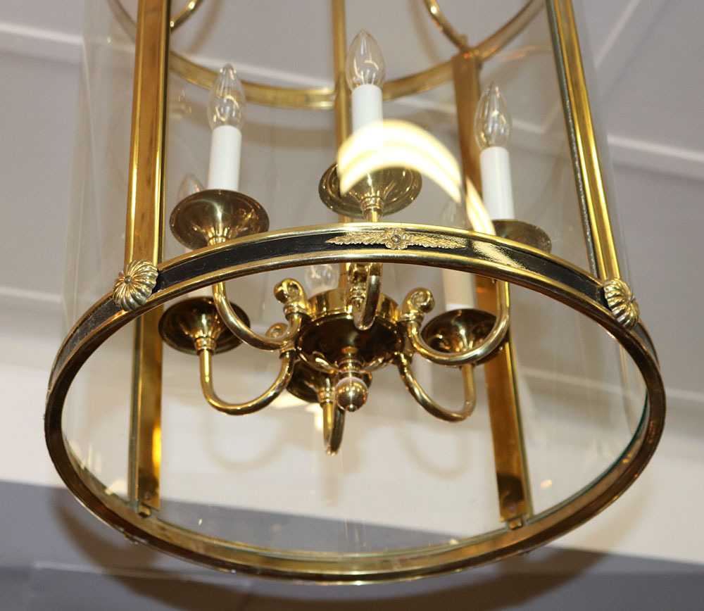MONUMENTAL Bowed Glass Brass Lantern Lamp Chandelier French Empire 1 of 2