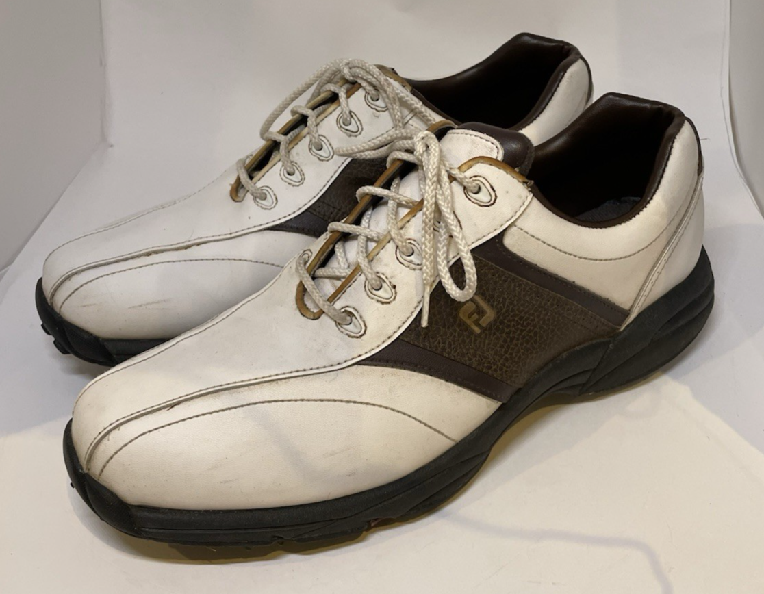 Footjoy Greenjoys Spiked Golf Shoes White Brown Leather Lace Up UK 10