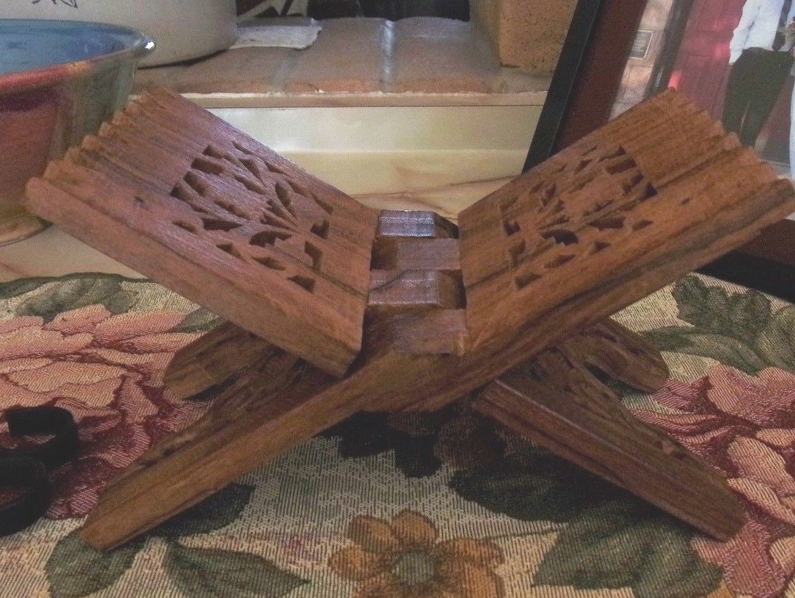 Vintage Bible Book Holder Wood Folding Stand Rack Hand Carved Scrollwork