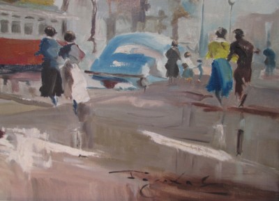 ARTIST JORDI FREIXAS CORTES OIL PAINTING: RAMBLAS CATALUNYA, BARCELONA SPAIN