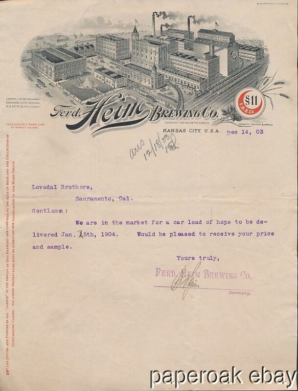 1903 Ferd. Heim Brewing Company Kansas City Letter About Hops
