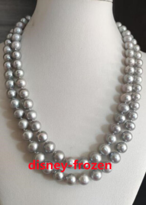 Double-strands AAA+ 9-10MM SOUTH SEA GRAY ROUND PEARL NECKLACE 14K 18'' 19''