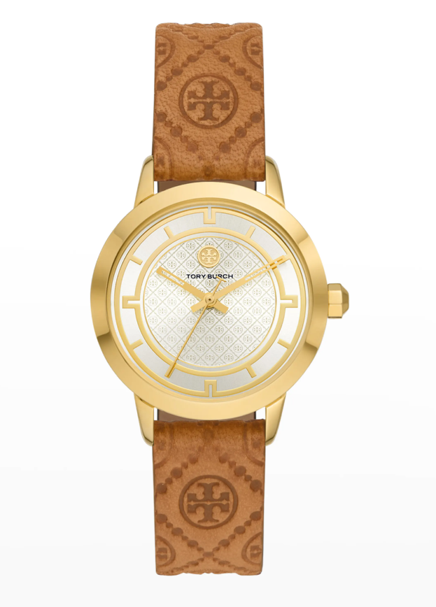 Pre-owned Tory Burch The Tory Gold-tone Stainless Watch Luggage Leather Strap Tbw1001