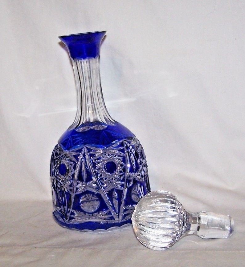 Bohemian/ Czech Art Glass Cobalt Cut To Clear Decanter Hobstar/ Bullseye Pattern