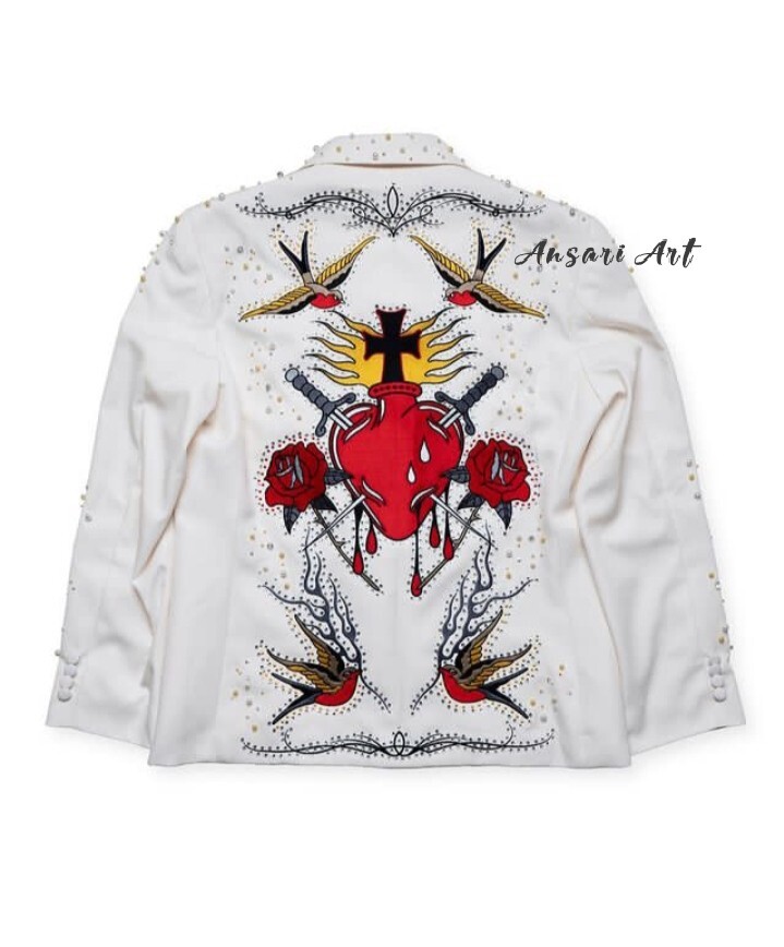 Pre-owned Art Men White 2pc Bespoke Country Western Suit Vintage Embroidered Designer Wedding