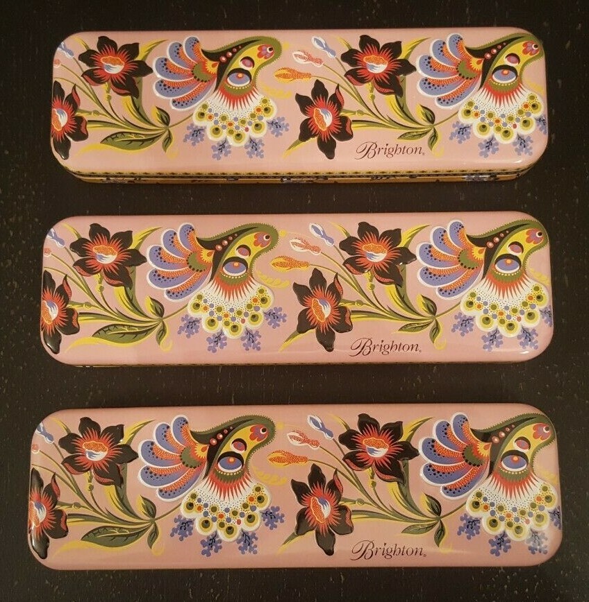 Lot of 11 BRIGHTON Heart-Shaped Tin Jewelry Boxes, Watch Boxes, Fabric Bags