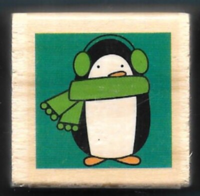 PENGUIN POLAR AQUATIC BIRD SCARF EAR MUFFS zoo Gift Tag NEW Wood RUBBER STAMP