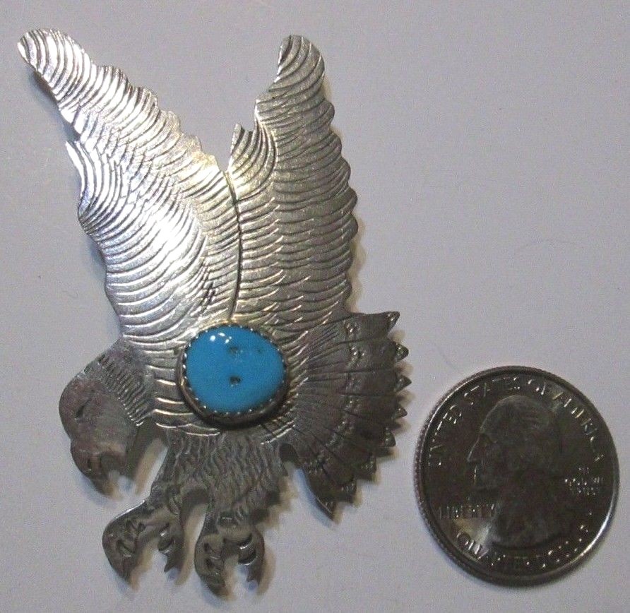 Vintage Navajo Signed Ben Yazzie Sterling Silver Turquoise Eagle Pendant Pin