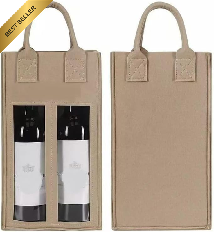 Felt 2 Wine Bottle Carrier Bag with Handle, 2 Compartments Wine Bottle Storage H