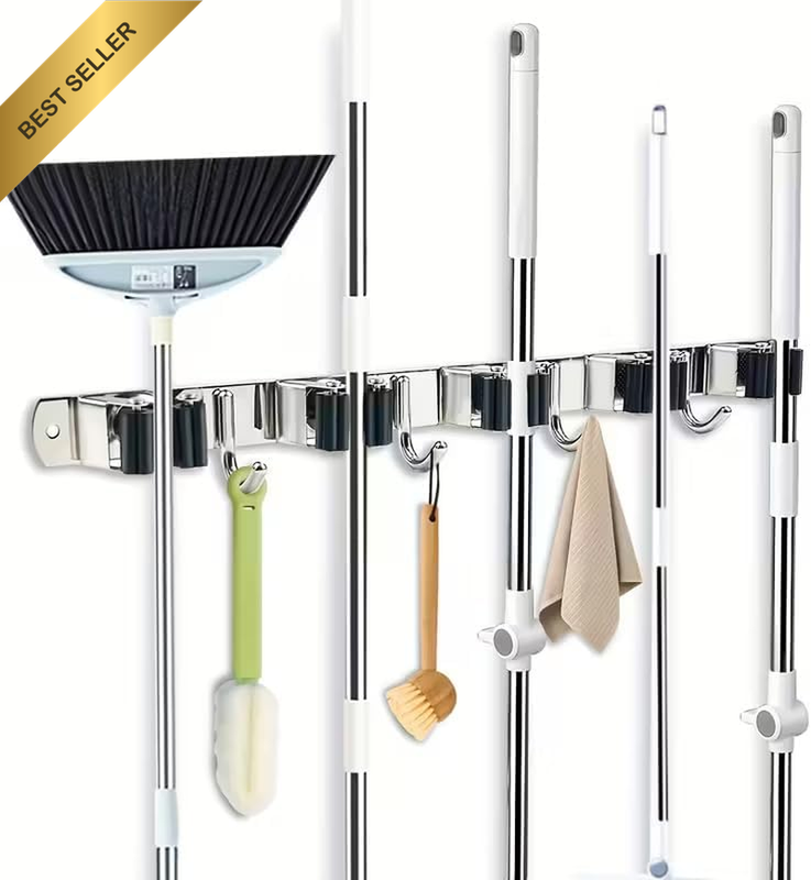 Wall Mount Mop and Broom Holder – Stainless Steel 5 Slots + 4 Hooks, Heavy Duty 