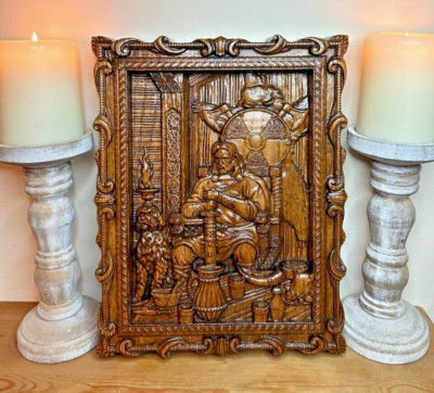 Hand Carved Viking Warrior Wood Wall Panel Norse Mythology Scandinavian Art