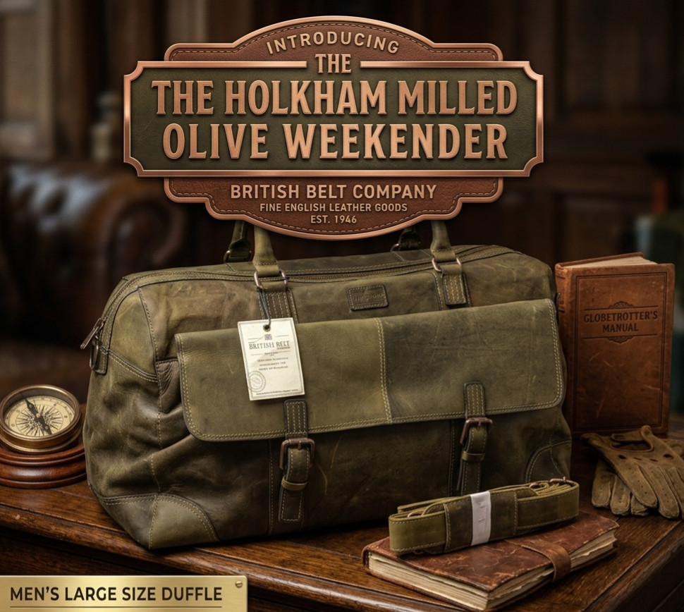 Holkham Milled Olive Weekender Leather Duffle Bag Men’s British Belt Company