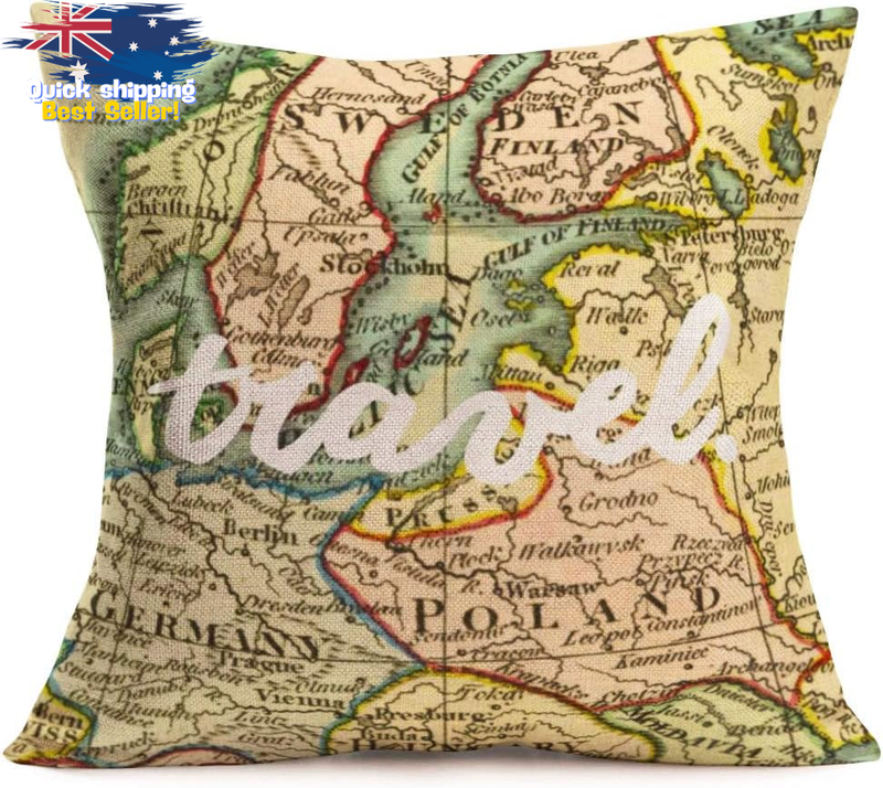 Vintage World Map Pillow Cover 18"x18" Cotton Linen Cushion Case Decor