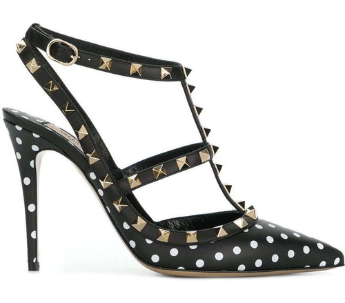 Pre-owned Valentino Garavani Valentino Rockstud Black White Polka Dot Ankle T Strap Sandal Heel Pump 36
