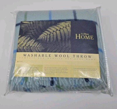 New Vintage L.L. Bean Blue Multi Color Washable Wool Blanket Throw 55'' X 67''