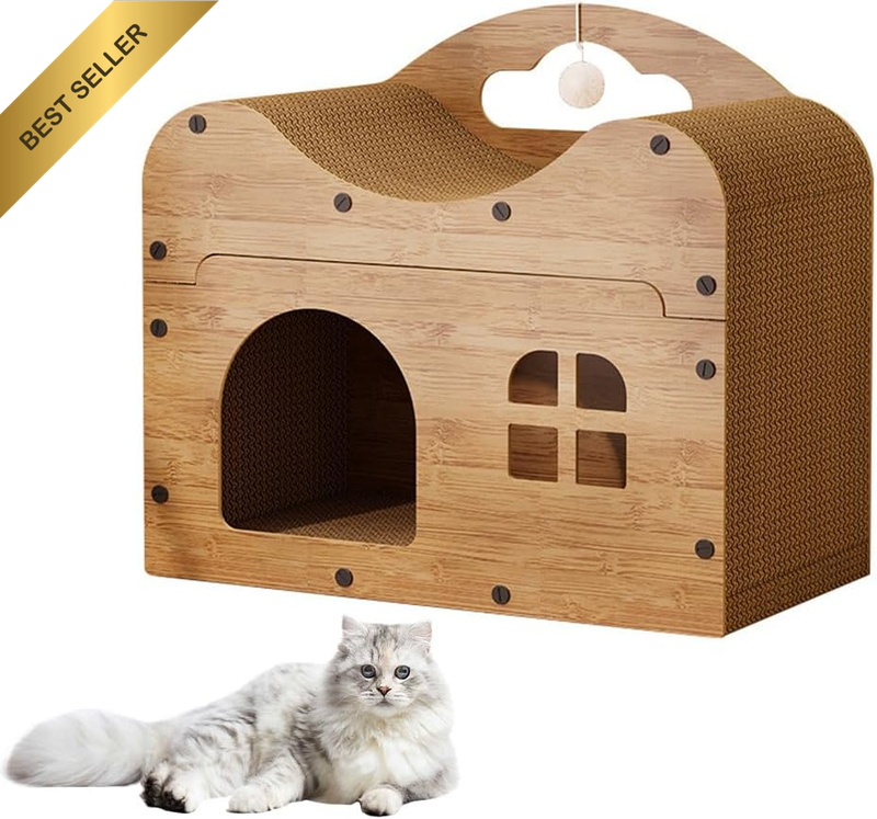 Cat Scratcher House with Cat Cardboard Pad and Cat Pom, Cat Scratching Cardboard