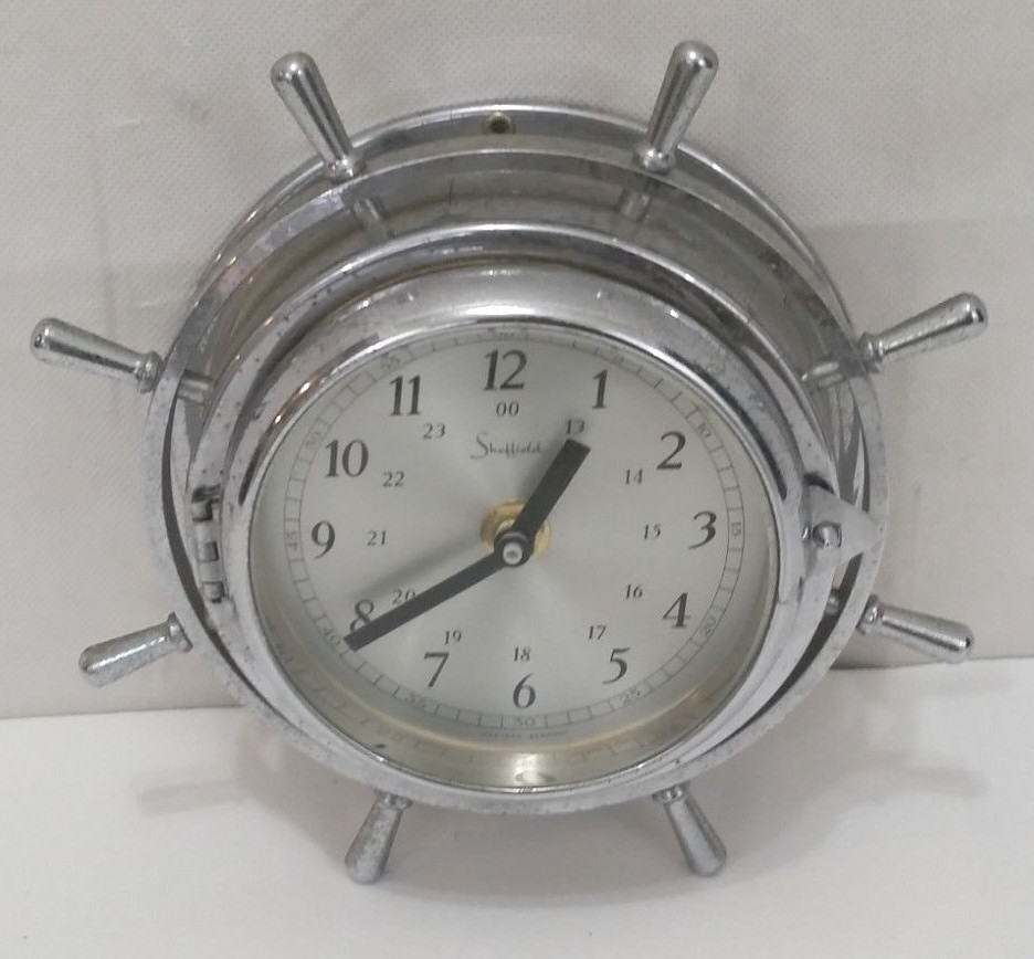 Sheffield Ships Clock Nautical Wheel Theme Silver Color Wall Clock Chrome Naval