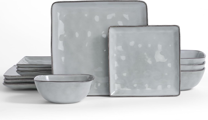 Dinnerware Sets for 4, Ocean Square 12-Piece Kitchen Plates and Bowls Sets, Reactive Glaze, Microwave and Dishwasher Safe, Scratch Resistant, Grey