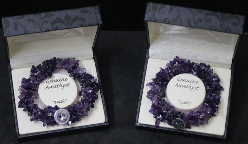 NWT Genuine Polished Amethyst Stretch Bracelet with Sterling Silver Faith Charm.