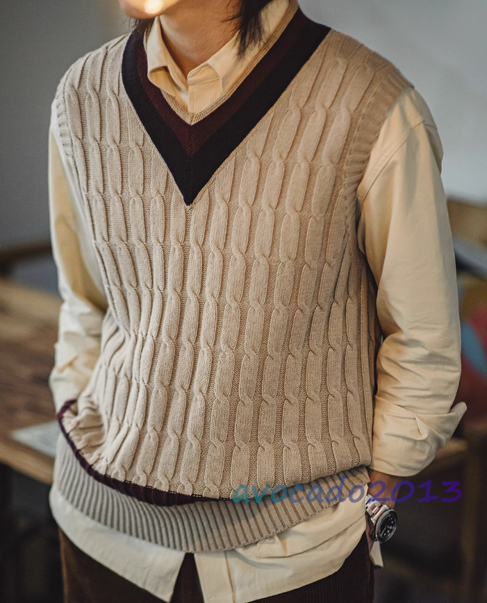 Maden Mens Vintage IVY Knitted V-neck Sweater Vest Sleeveless Preppy Autumn Vest