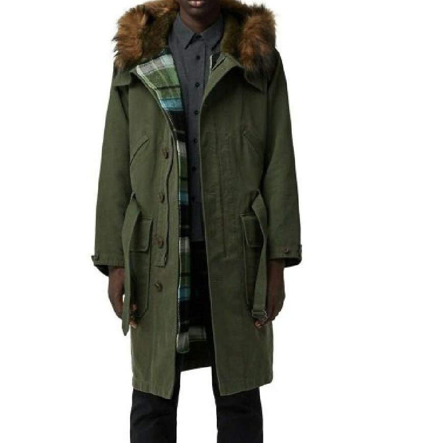 BURBERRY Men's Tartan Check Faux Fur Parka Coat Jacket Olive