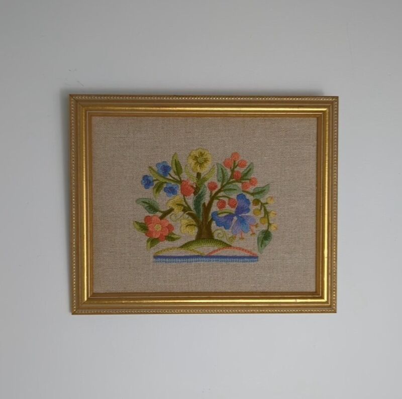 Crewel Embroidered Flower Bush Tree Framed Art 11”x9” Vintage Cottage Cor Floral