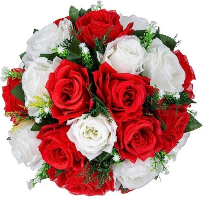 Red And White Artificial Silk Rose Half Ball Flower Home Table Decoration