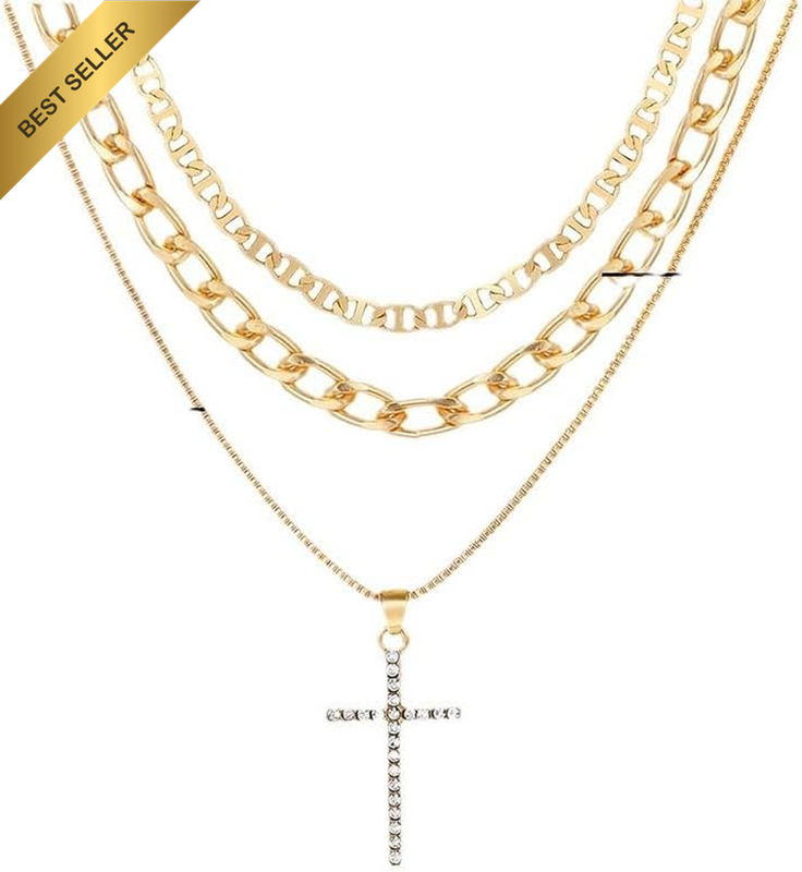 Layered Chain Necklace with Crystal Cross Pendant, Gold-Tone, Gold Plated Layere
