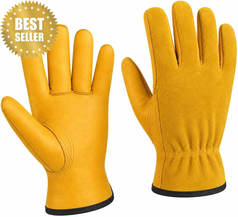 Leather Work Gloves with Reinforced Palm for Gardening and DIY