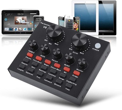 Multifunctional Live Sound Card with Noise Reduction and 12 Sound Effects Black