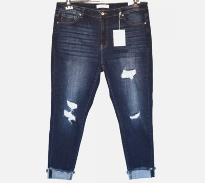 NWT KANCAN High Rise Ankle Skinny Distressed Cuffed Blue Jeans Size 2XL