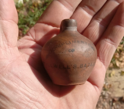 COMPLIMENTS OF STILLWELL'S BAZAAR RARE 1890s OVOID MINI JUG FROM BIG RAPIDS,MICH