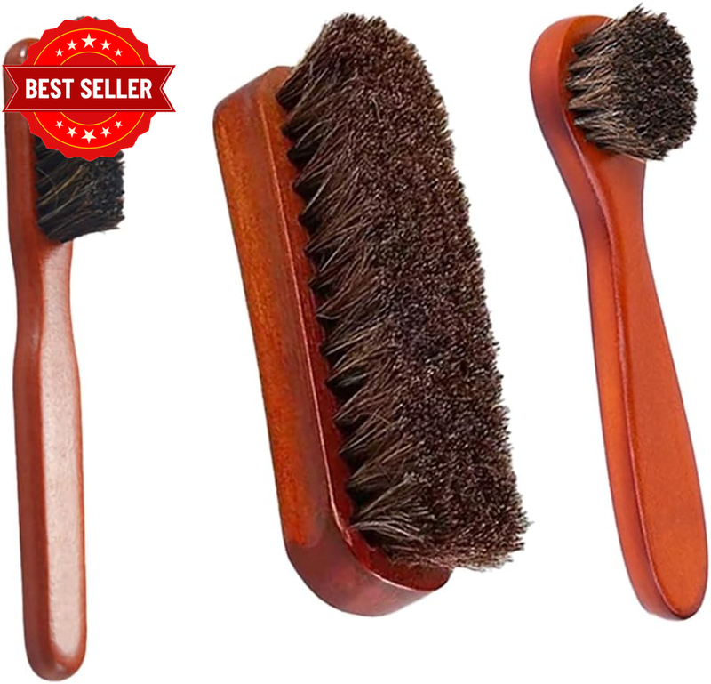 3-Piece Horsehair Shoe Brush Kit, Leather Care Switch Kit, for Boots and Shoes C