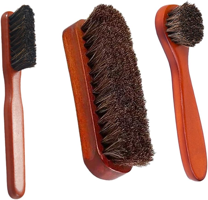3-Piece Horsehair Shoe Brush Kit, Leather Care Switch Kit, for Boots and Shoes C